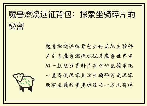 魔兽燃烧远征背包：探索坐骑碎片的秘密